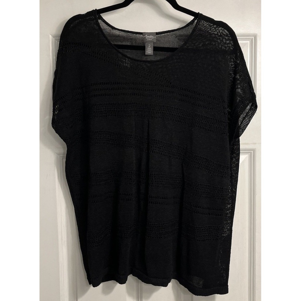 Travelers Chicos Sz Large Black Loose Knit Top Fishnet Whimsigoth Linen Blend
